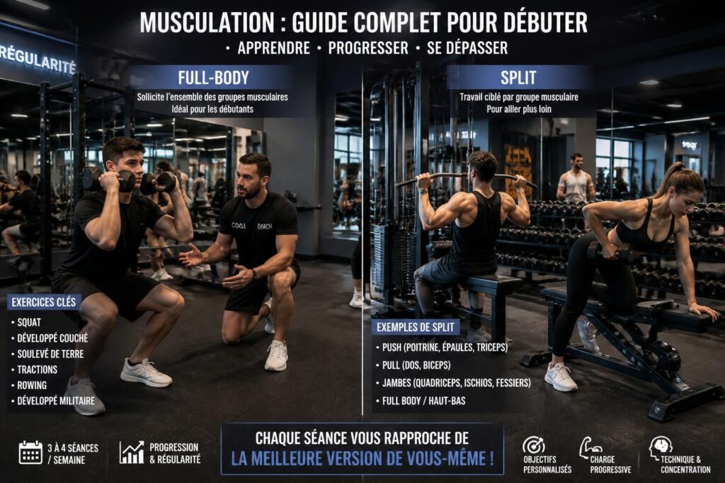 découvrez notre guide complet pour débuter la musculation, avec des conseils pratiques du full-body au split, adaptés aux débutants pour progresser efficacement et en toute sécurité.